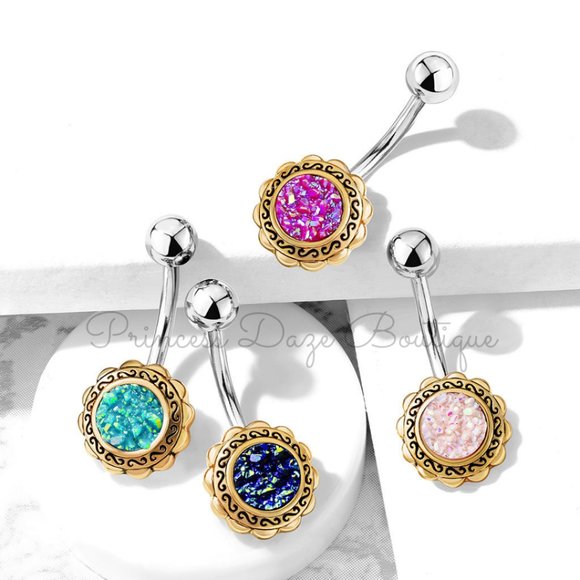 Gold Filigree Flower with‎ Druzy Stone Center Belly Button Ring - Picture 1 of 1